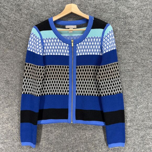 Banana Republic Tops - Banana Republic Full Zip Sweater Women M Medium Blue Striped Knit Cotton Casual